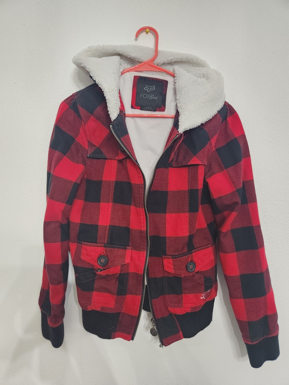 Vintage Y2K Fox Racing Girls Buffalo Plaid Sherpa Hooded Jacket Coat